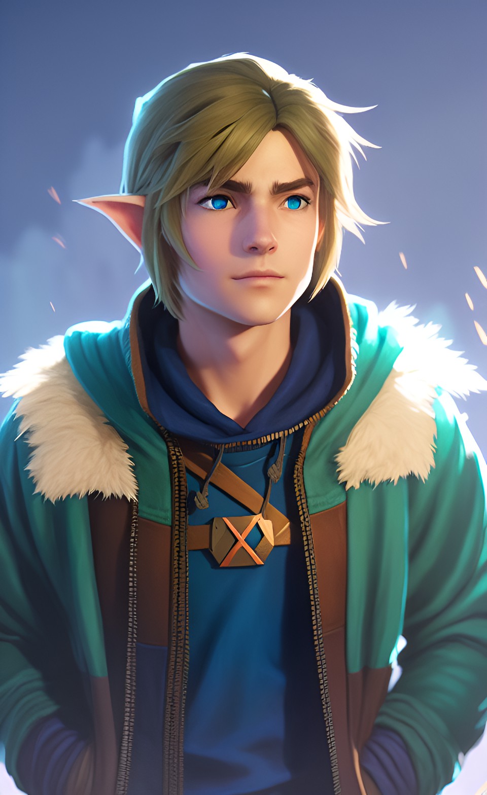 Mount Hylia Nights - portrait of link from the legend of zelda, wearing a dark blue hoodie preview