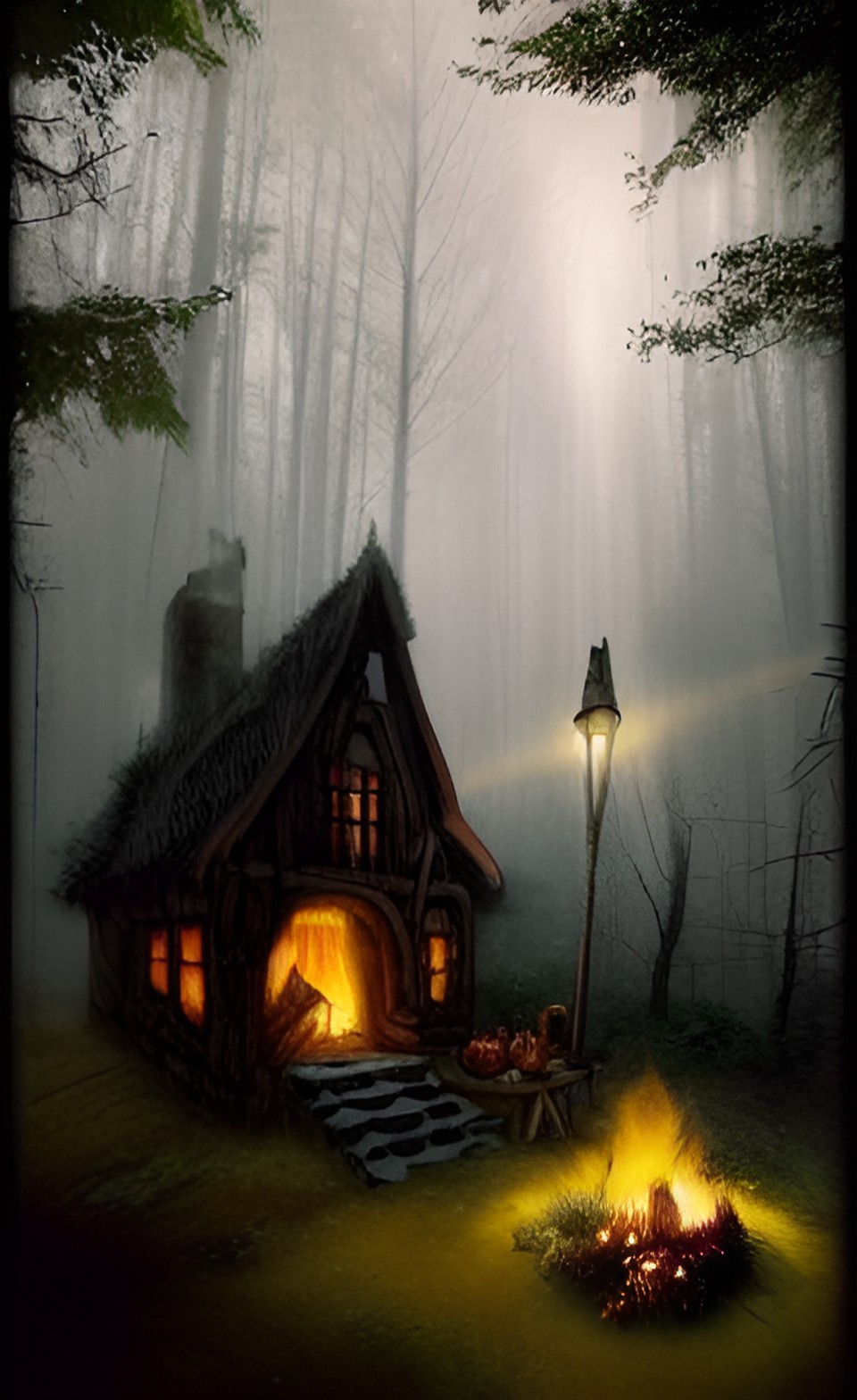 witch, cottage, mist,  forest, spell books, cauldron, campfire, sigils, magical preview