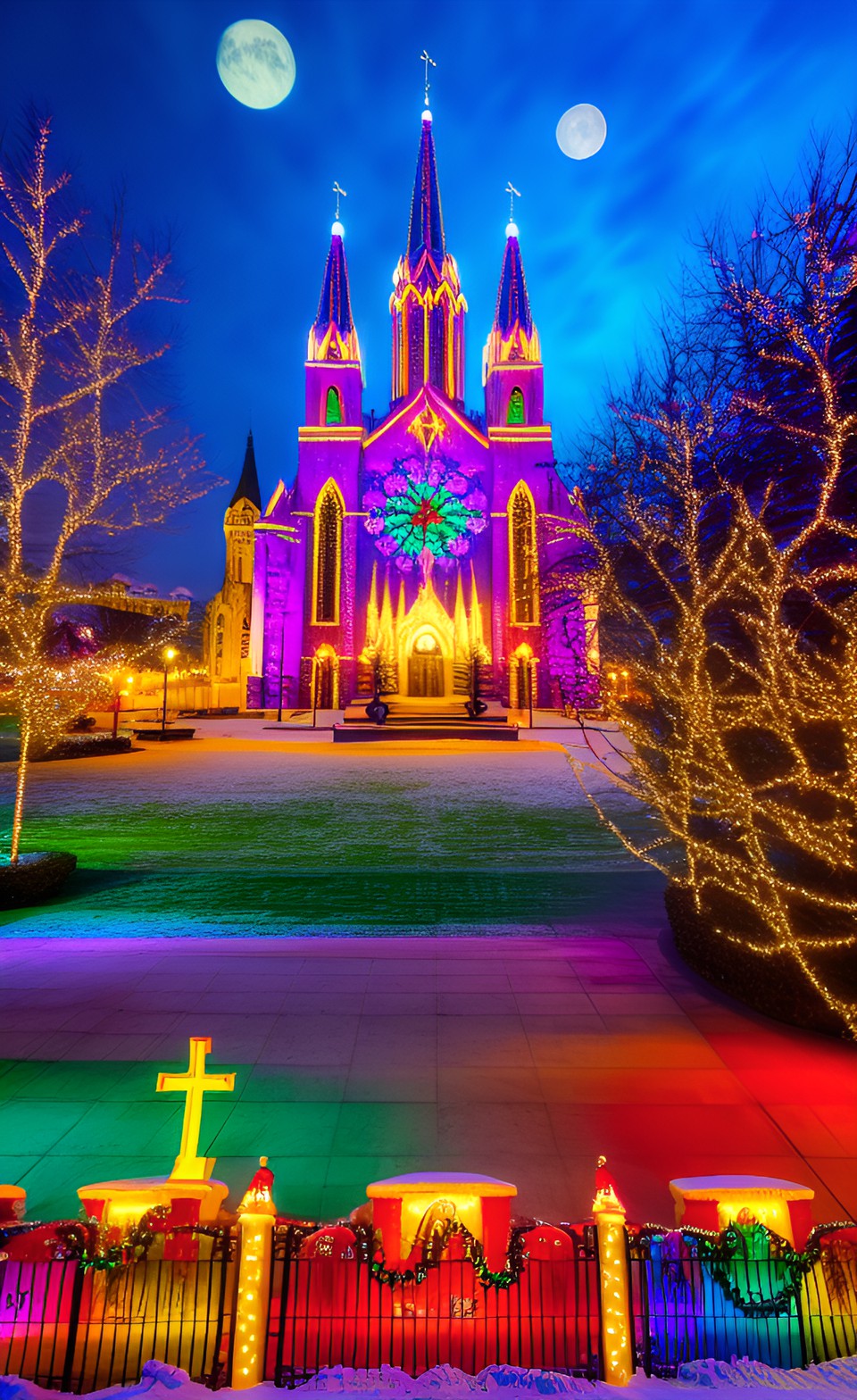 colorful catholic cathedral, christmas festive,santa claus catholic cathedral ,on the north pole ,exterior view preview