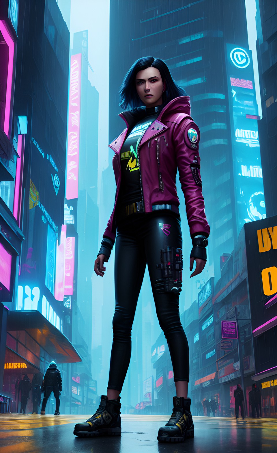 cyberpunk 2077, woman with cyberarms standing in city street, raining preview