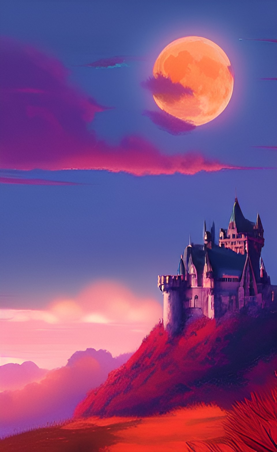 The other side - blood red moon with clouds raining blood, large castle going above cloud line. lighting is surround the castle. preview