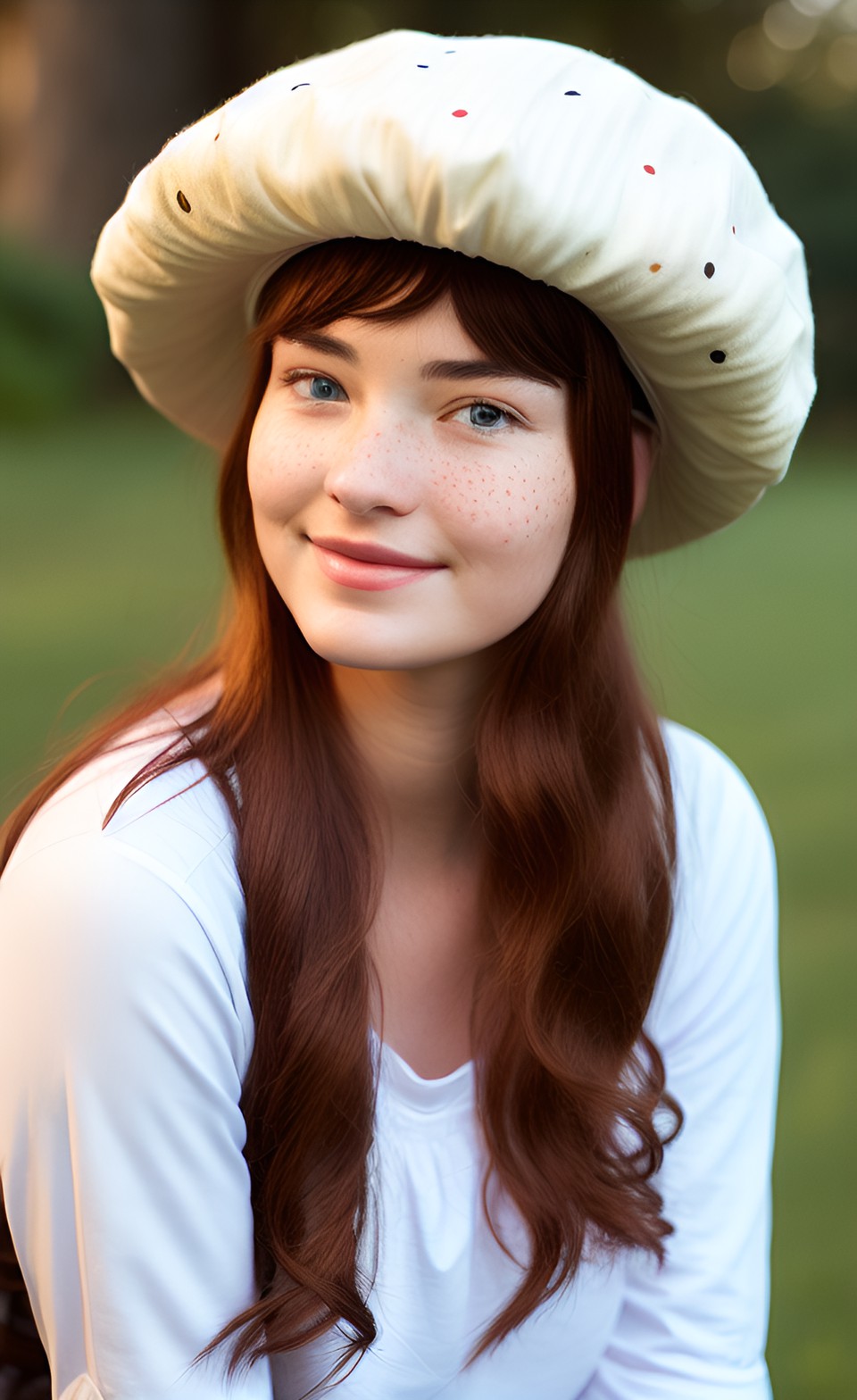 cute cottage core woman with a mushroom hat, light freckles, no makeup preview