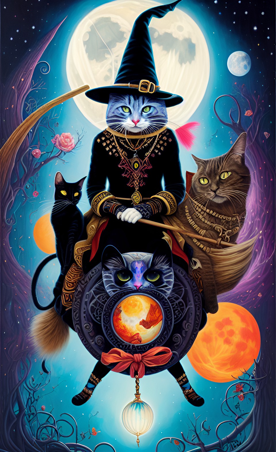 black cat wearing a witch hat, riding a broomstick, full moon preview