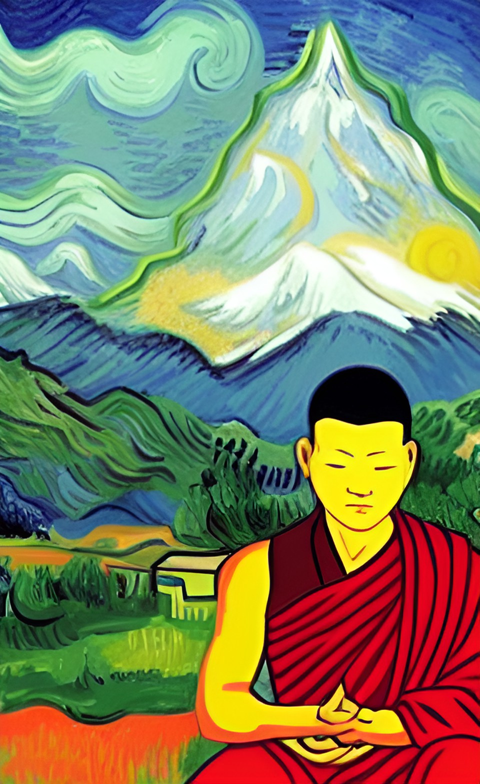 monaco tibetano in meditazione, ambiente surreale, montagna, by van gogh preview