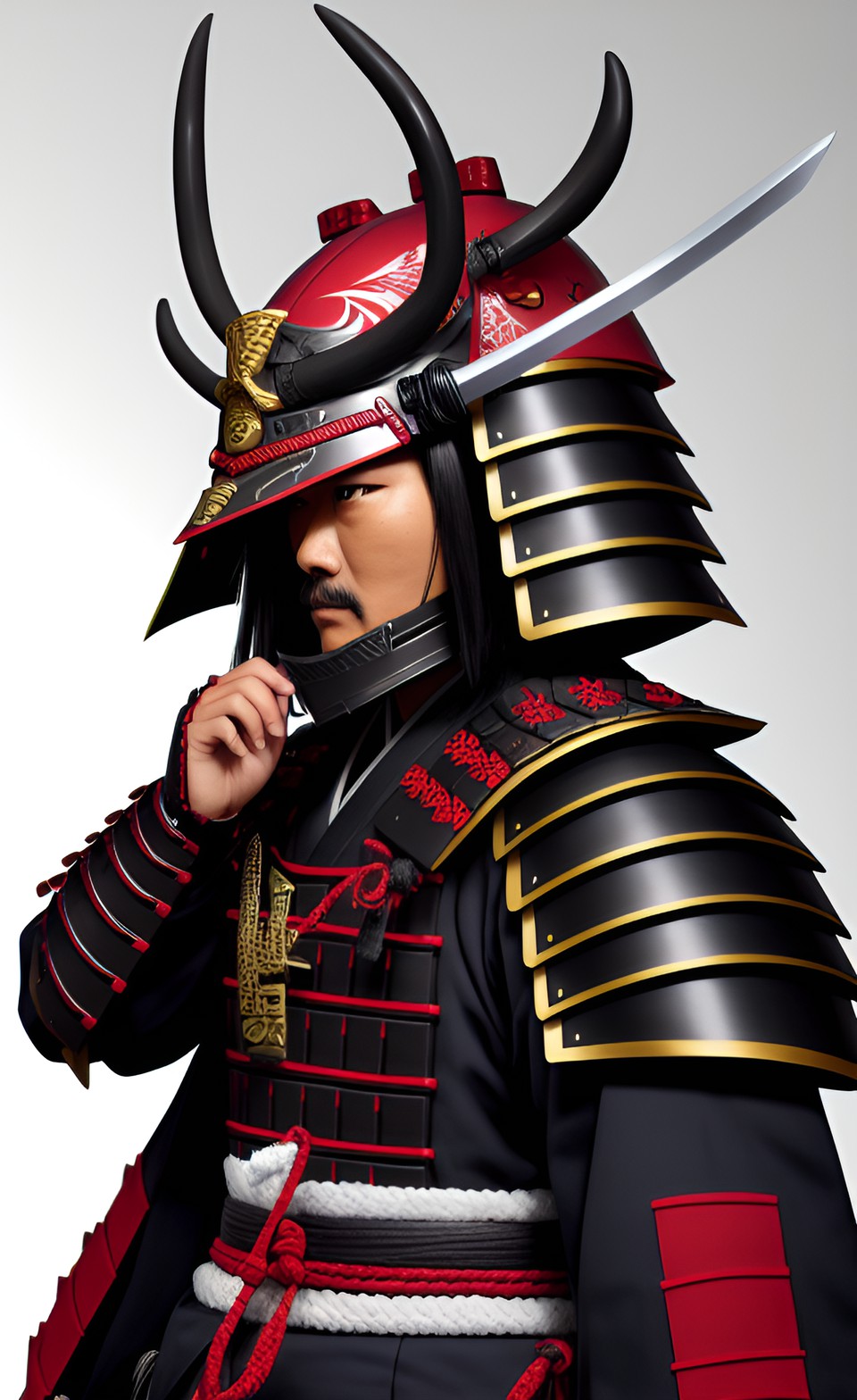 samurai fully armored, with katana, high detailed, super high detail, with two antler decoration on helmet preview