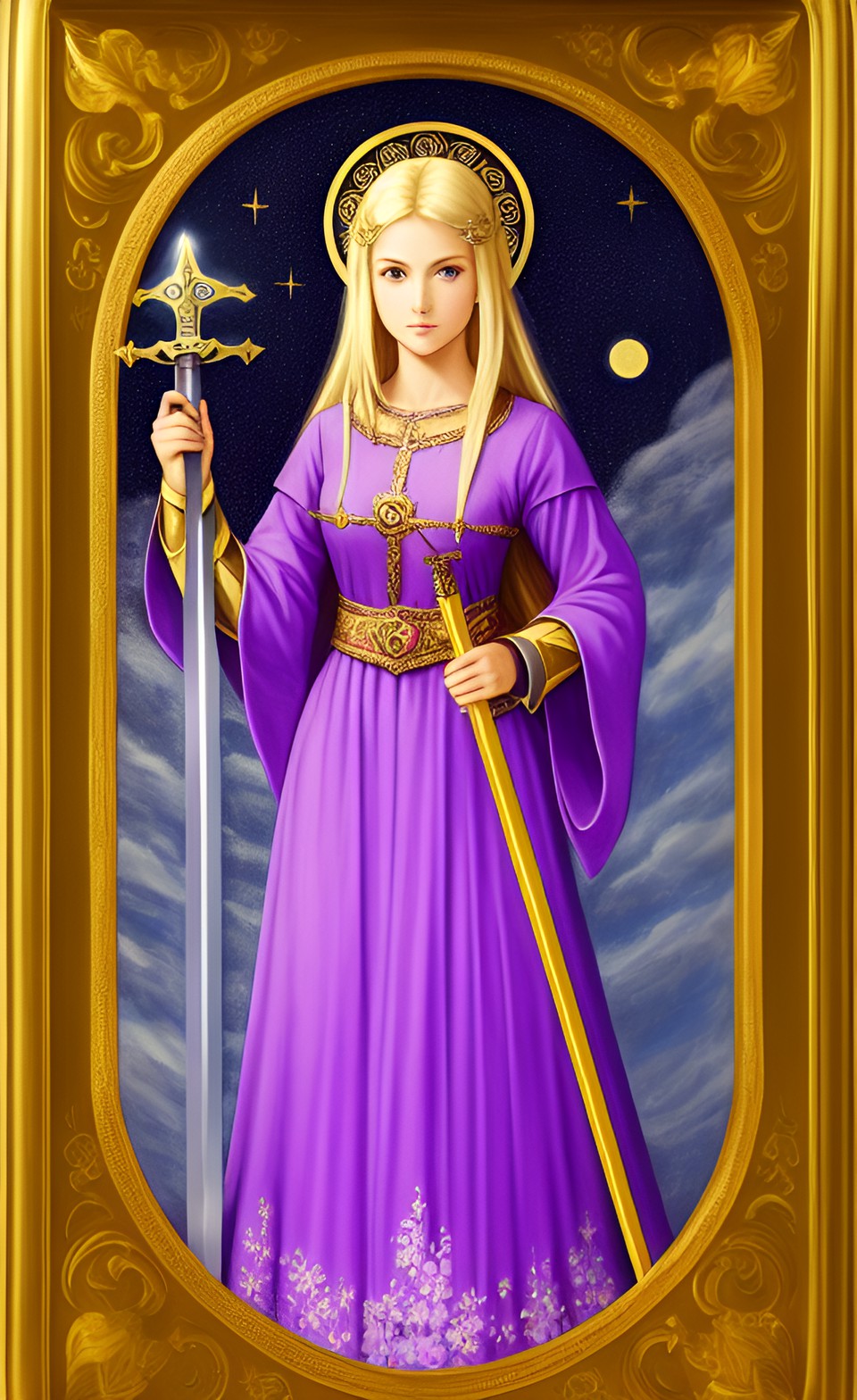 Fair maiden from far north - a blonde fair maiden holding sacred sword, nobility, imponence, grace, violet halo in the background preview