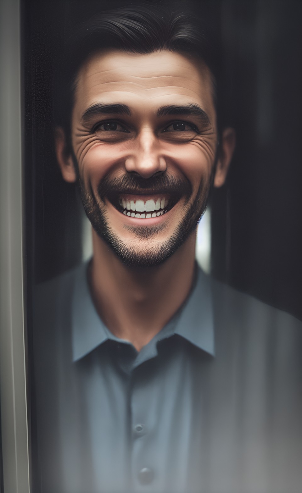 horrific smiling man in a window, dark preview