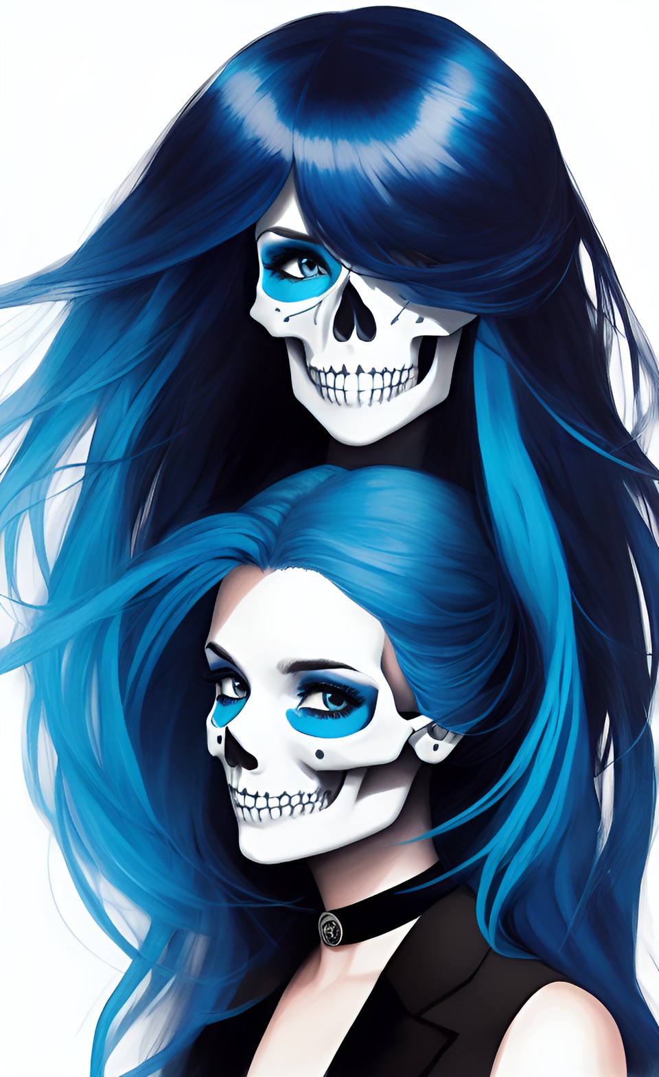 woman’s skull, long blue hair, in a black suit preview