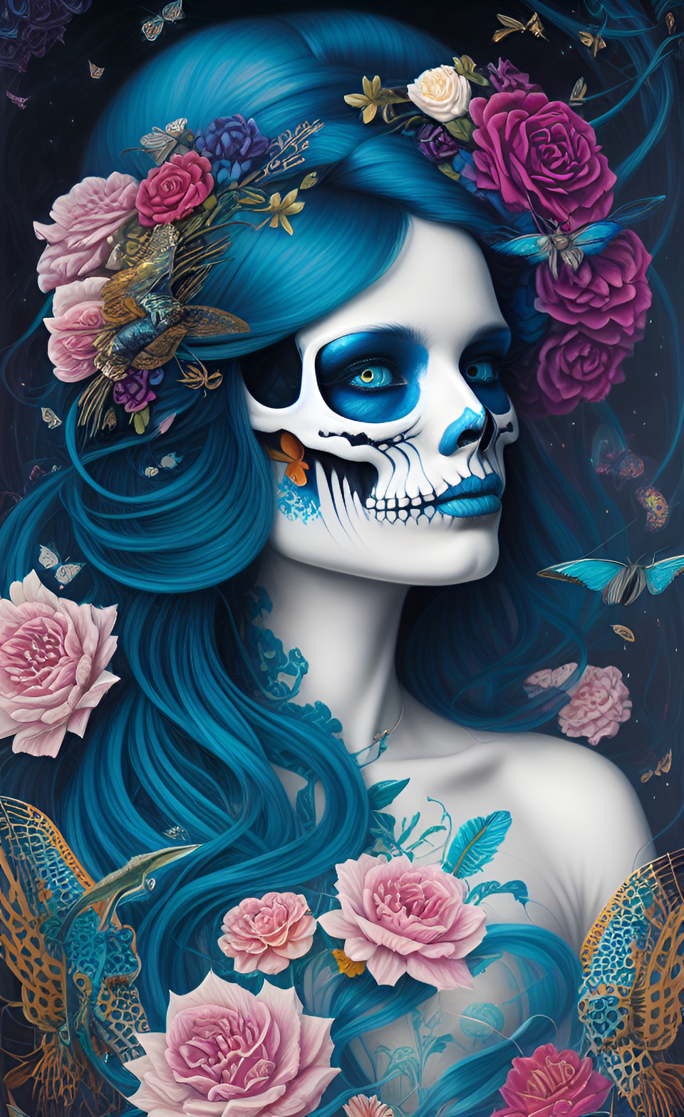 woman’s skull, long blue hair, in a black suit preview