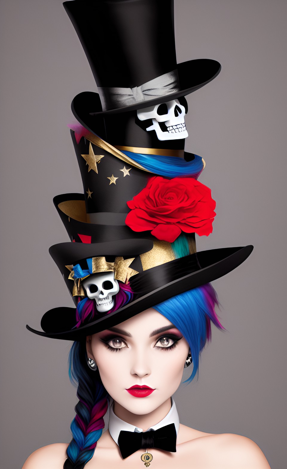 women’s skull, madness, tri coloured hair, wearing a fancy top hat preview