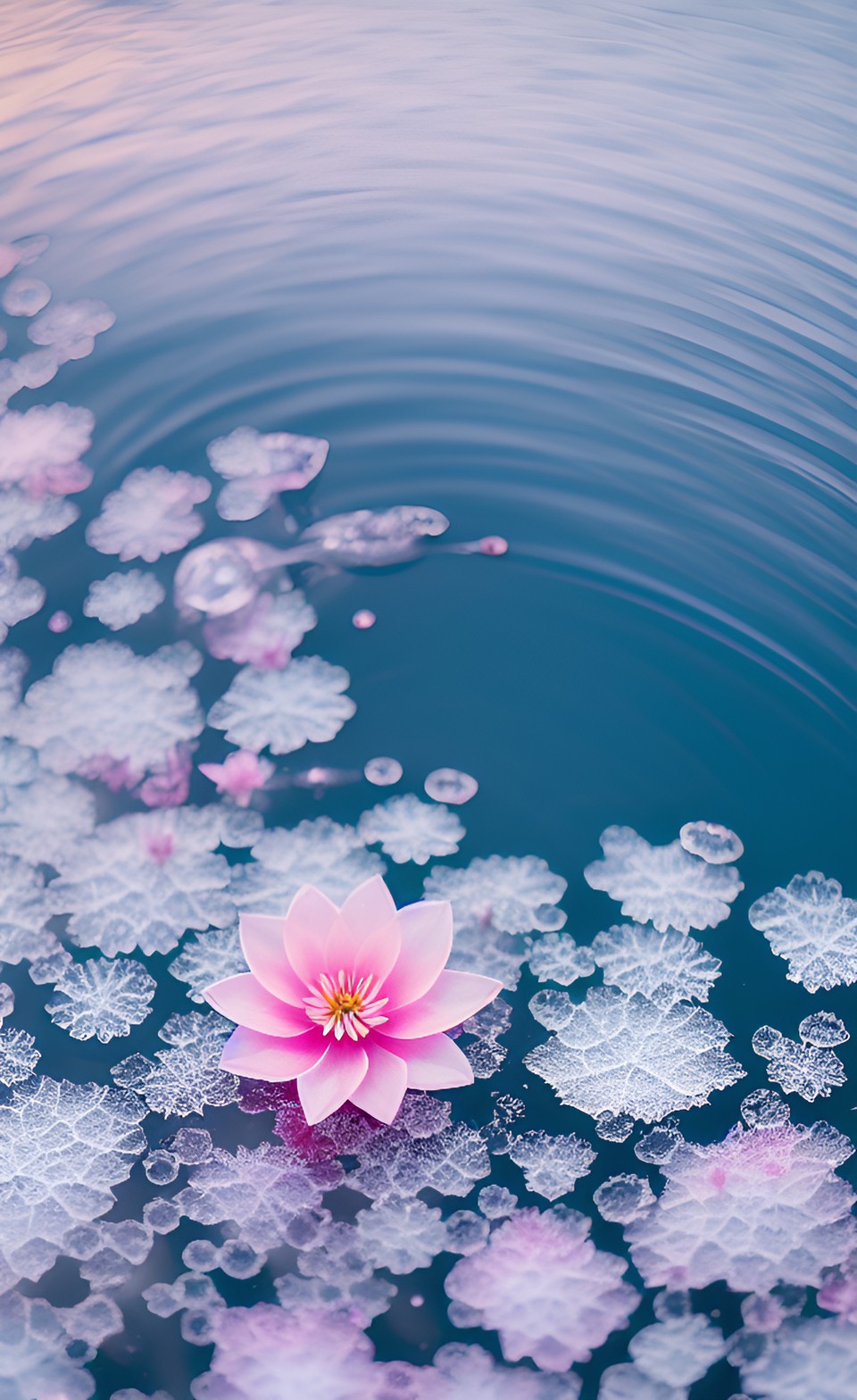 a small pink flower growing out of a frozen lake preview