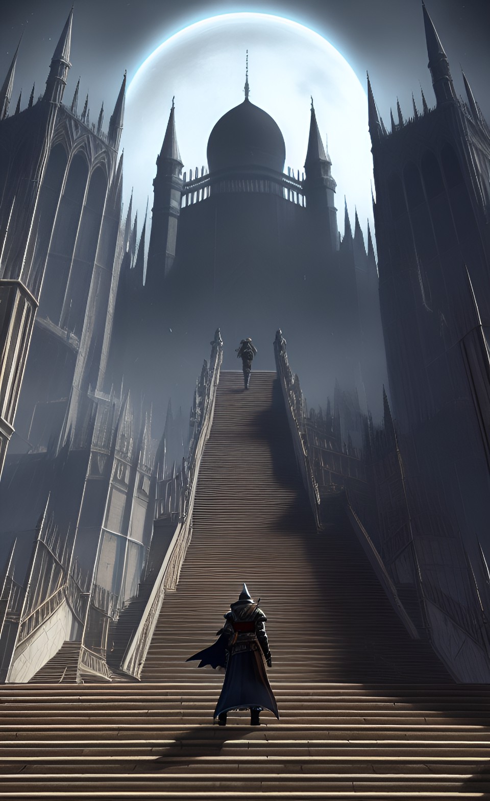 main caracter rise up on stairs in anor londo on background total eclipse, main caracter dark souls 3, stone stairs, stairs in anor londo, anor londo, total eclipse, dark souls 3, elden ring preview