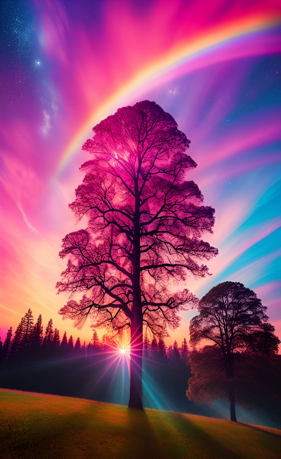Sunset - pink sunset with rainbow trees and an orange sun with a starry night sky above preview