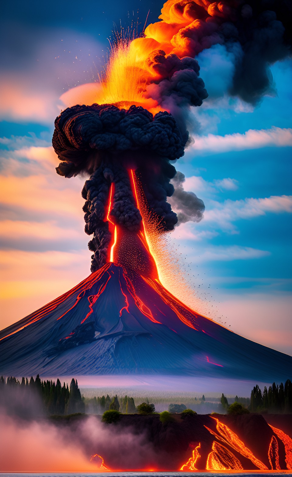 erupting volcano, lava flowing down, prehistoric preview