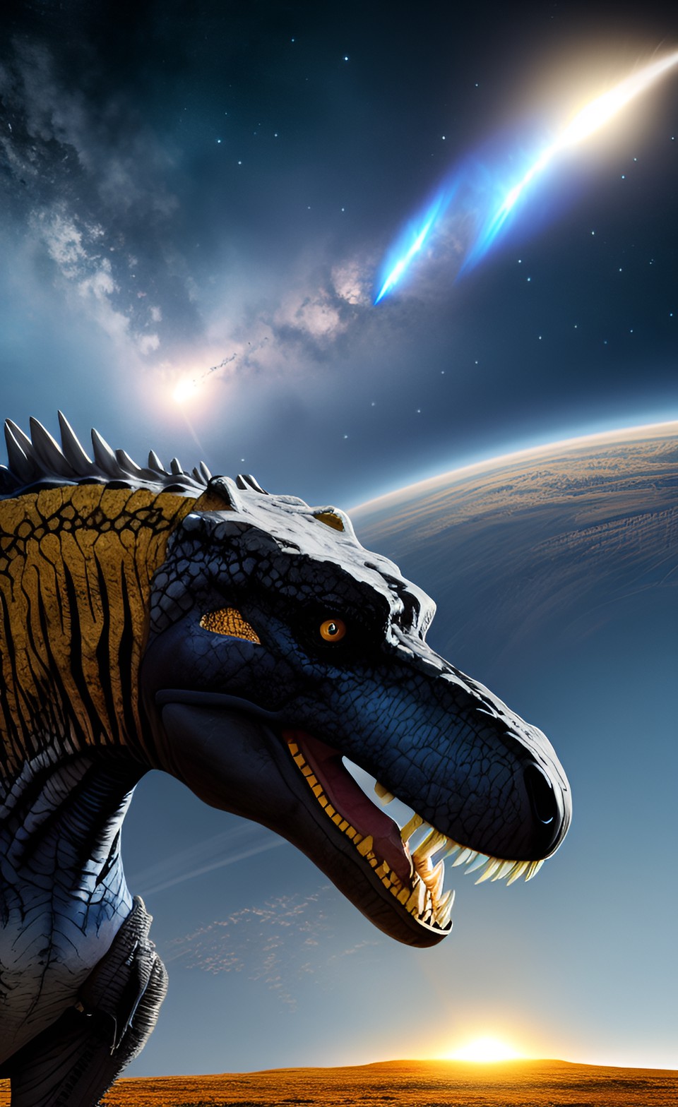 t. rex looking at incoming meteor barreling through the atmosphere preview