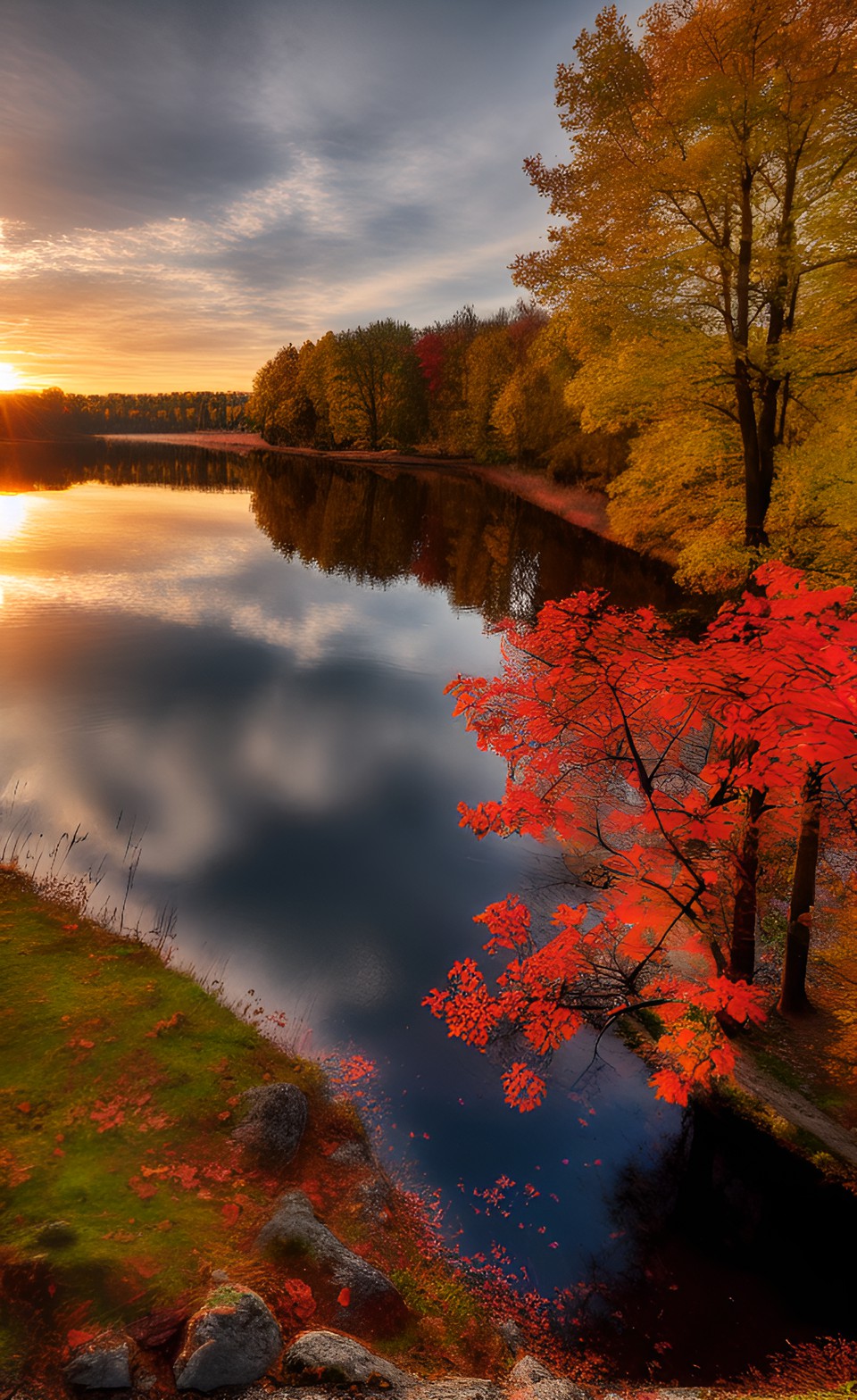 Mazury - realizm, bardzo dużo szczegółów, pejzaż hdr, 8k, polska, mazury, jeziora, jesień, zachód słońca preview