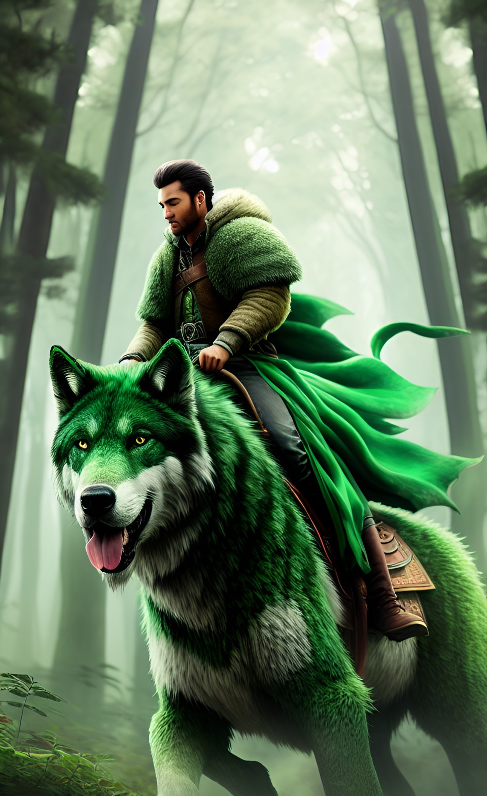 forest king riding a giant green wolf preview