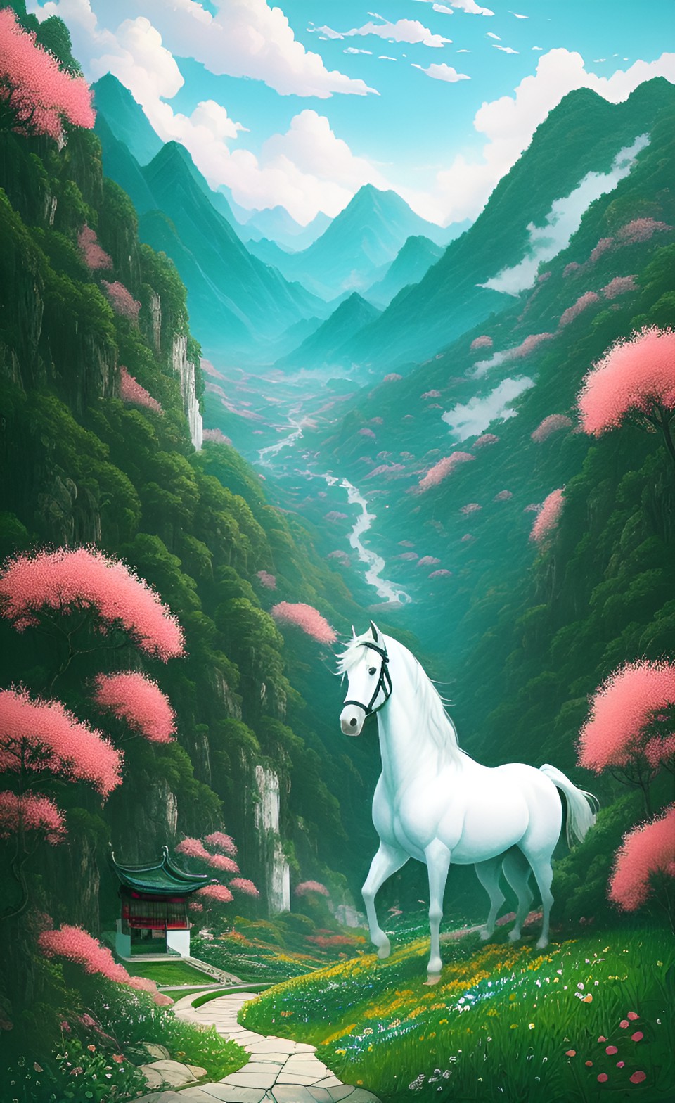 chinese style scenery, white horse reared up in the green valley with flowers preview