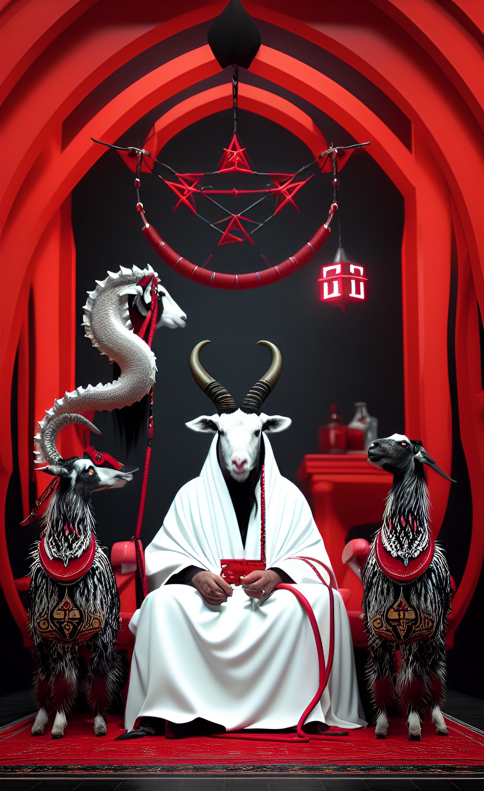 a black magic ritual with jesus christ  antichrist the great beast 666 pumping a goat from behind, the devil fornicating with a woman in a white and red cloak, lucifer pumping his snake wildly preview