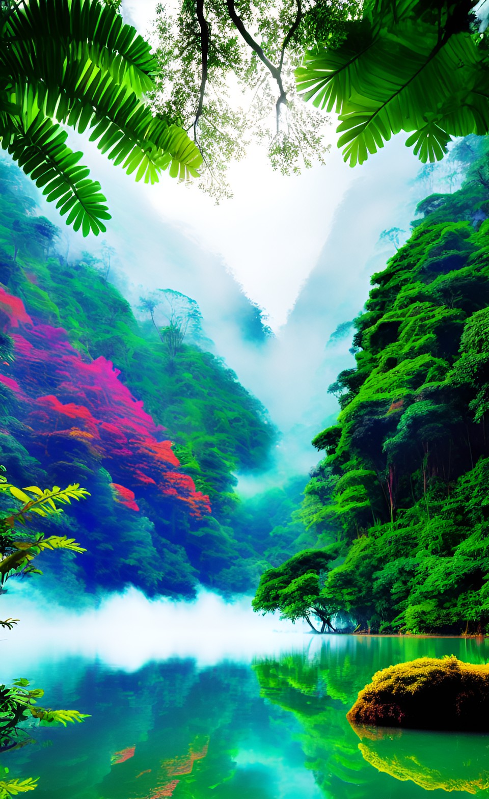 alien world tropical colorful water forest misty mountains lake sea preview