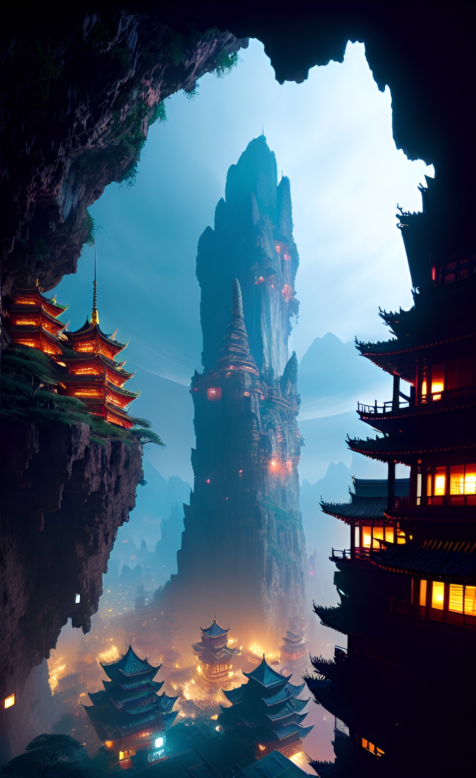 Recurring dream 2 - giant city in a dark cavern, speckled lighting from lanterns on the buildings that appear carved into the rock, structures and buildings resembling chinese or mongolian architecture, view from above preview