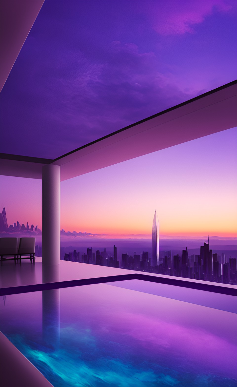 Violate Luxury Room - violet luxurious room. very high ceiling. huge infinity pool. violet tries, aqua mountains futuristic skylines very far in the distance. very detailed. fantasy. very divine spiritual realm sunset time preview