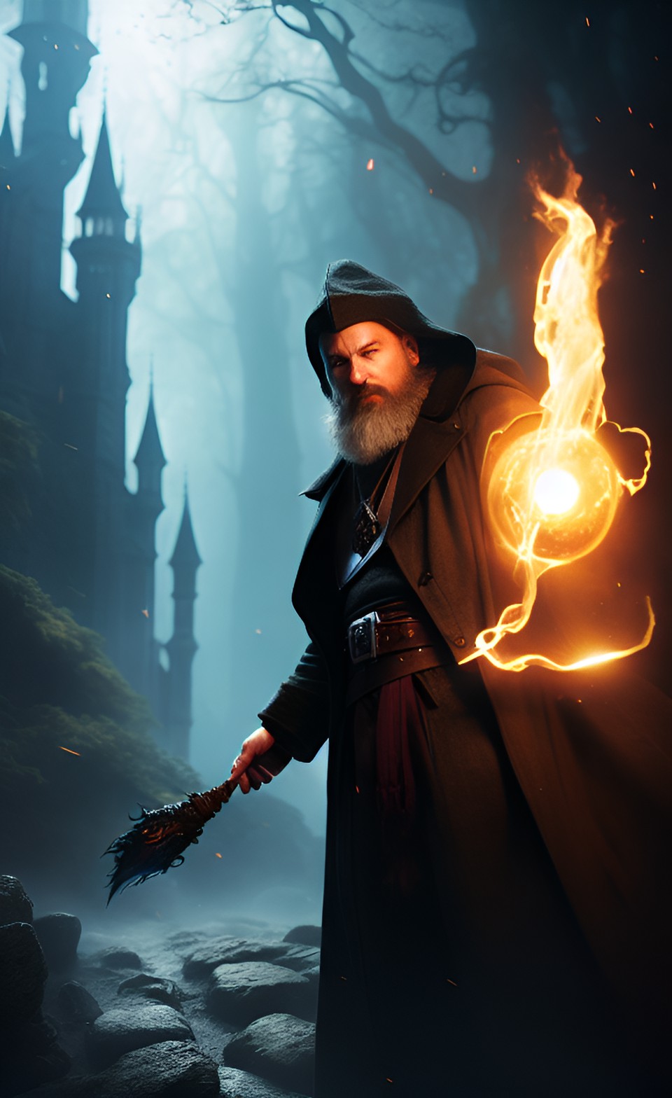 8k resolution, sharp image, fantasy, dark, magic, realistic, volumetric lighting, 35 camera, male wizard, holding magic in hands preview