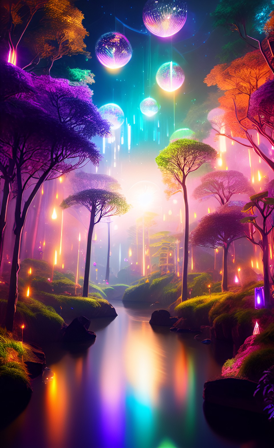 Disco Sky - fairy city, glimmering light reflection, prismatic opalescent, futuristic, forest town preview