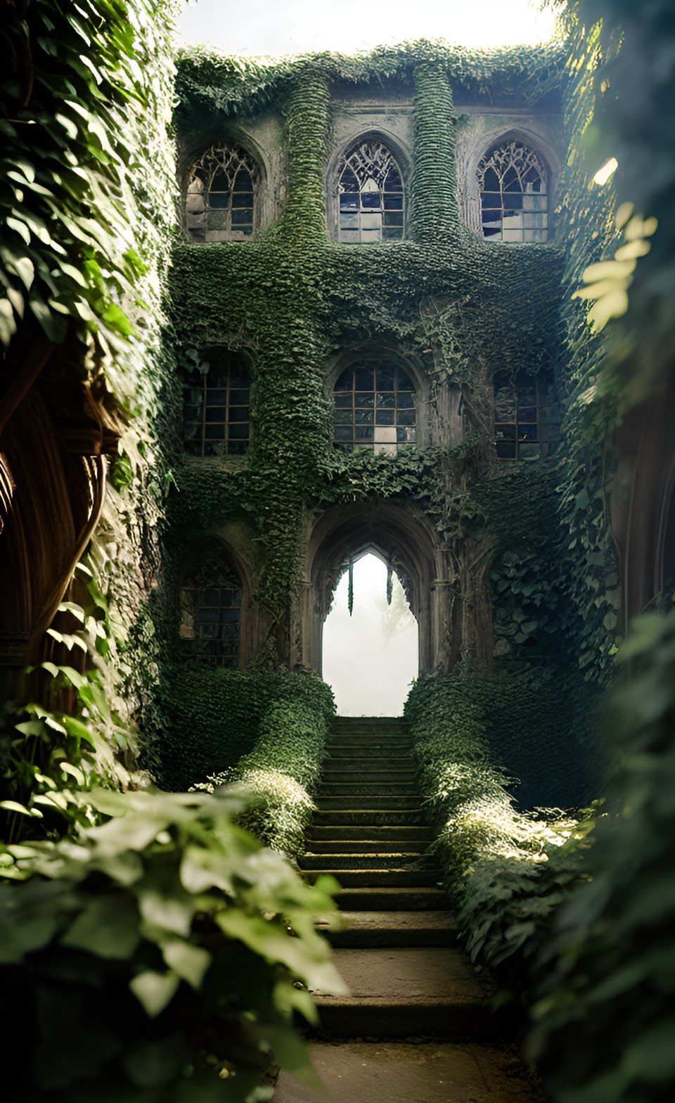 super greens - old ruins covered in plants and vines, style of game of thrones, intricate, woven ivy, hyper detailed, epic wide angle, epic lighting, luminescent sunlight, eerie, cinematic, sci-fi, architecture, preview