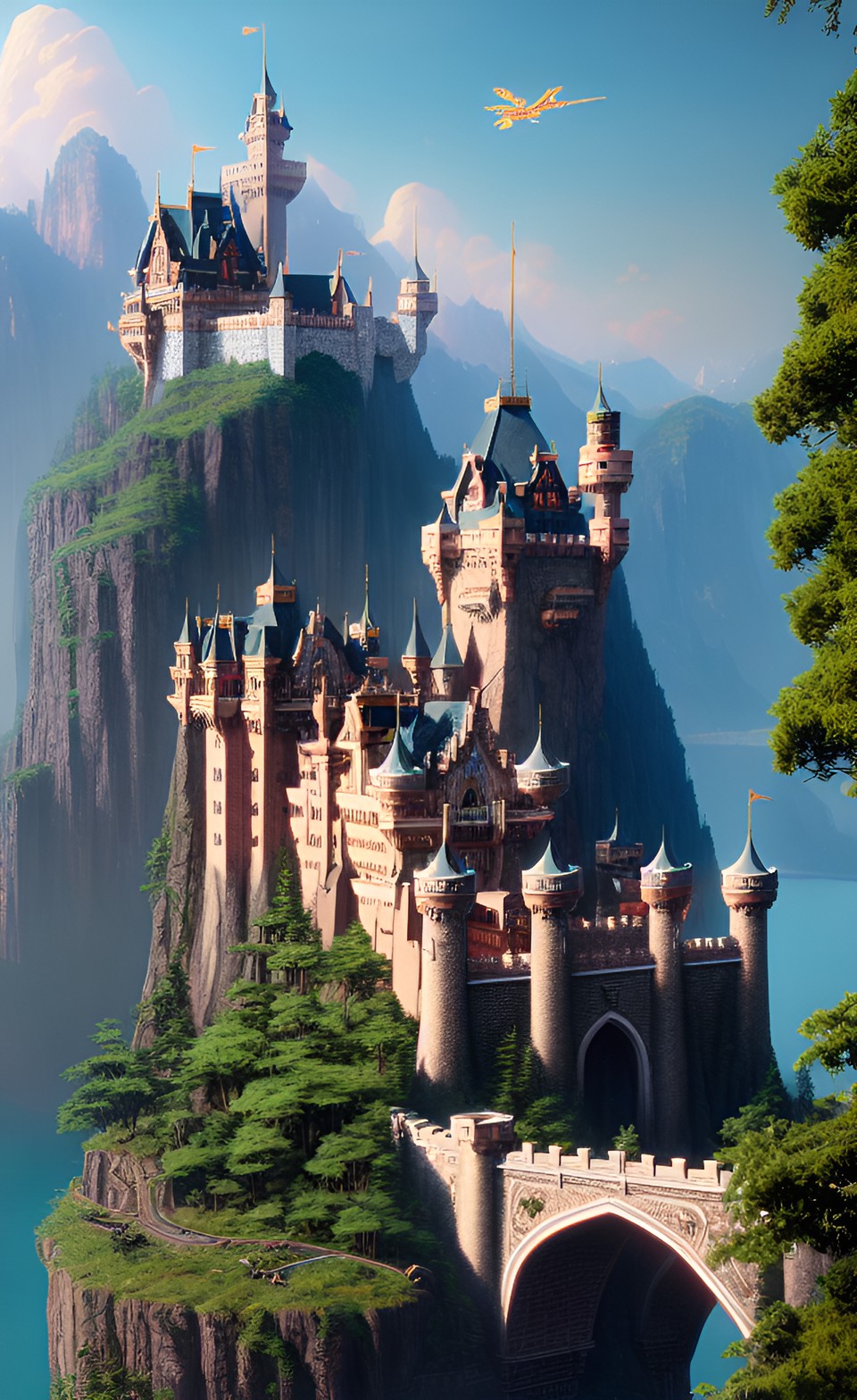 kombucha - castle on a mountain, bridges, lake, dragon flying,realistic, cinematic, ultra-hd, insanely detailed and intricate, hypermaximalist, elegant, ornate, hyper realistic, super detailed, octane render, 8k preview