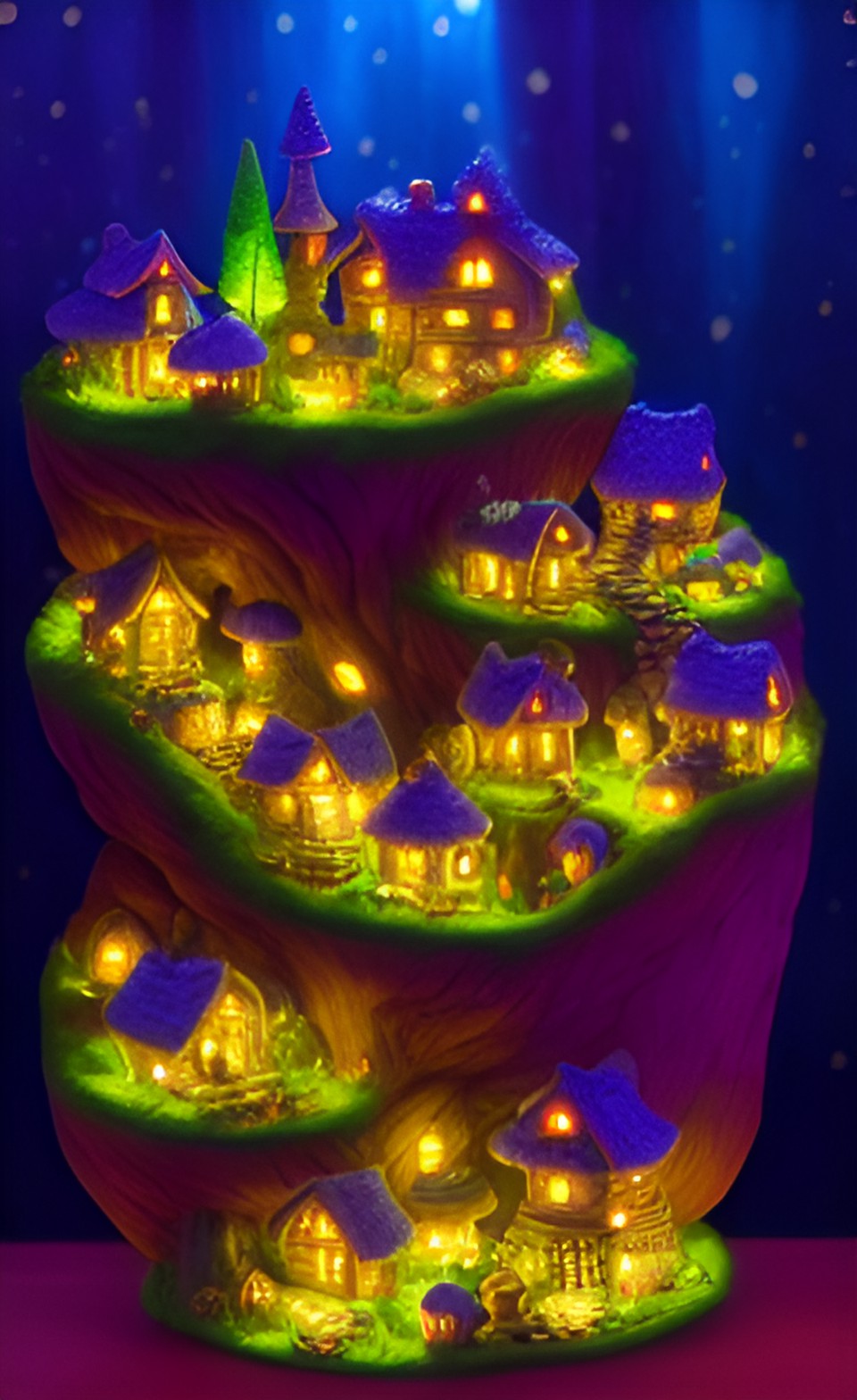 a very realistic picture of small fairy mushroom village at night, the tiny windows are warmly lit and welcoming, a fantasy world in miniature, atmospheric lighting, vegetation is illuminating preview