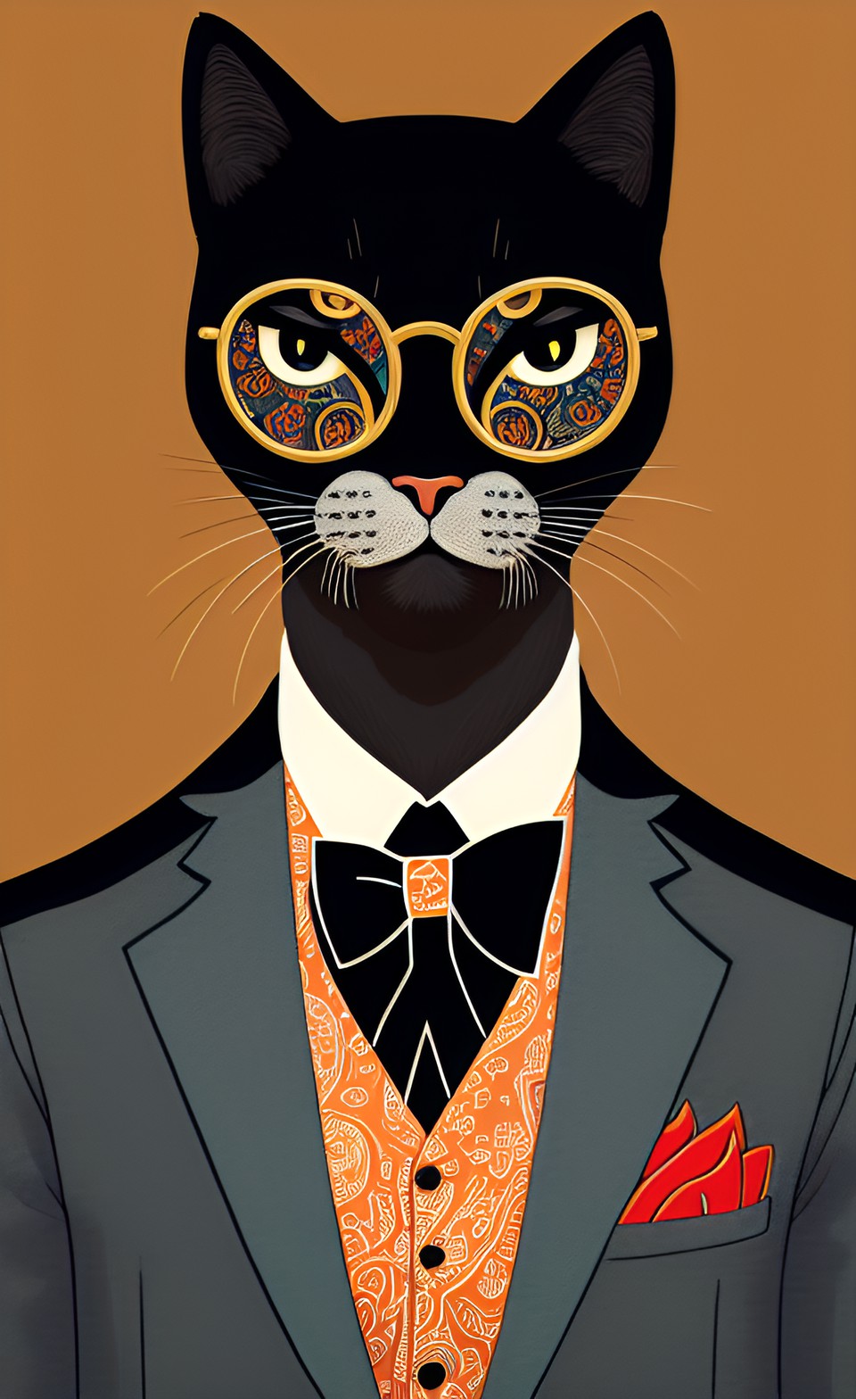 sophisticated anthropomorphic black cat in a paisley suit preview