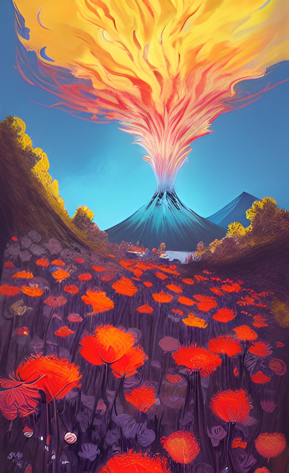 Giver of Life - there’s a floral landscape. it is full of red and orange flowers. a fire is sweeping through the field. some will be burned but some will regrow. a volcano is in the background and it is angry. preview