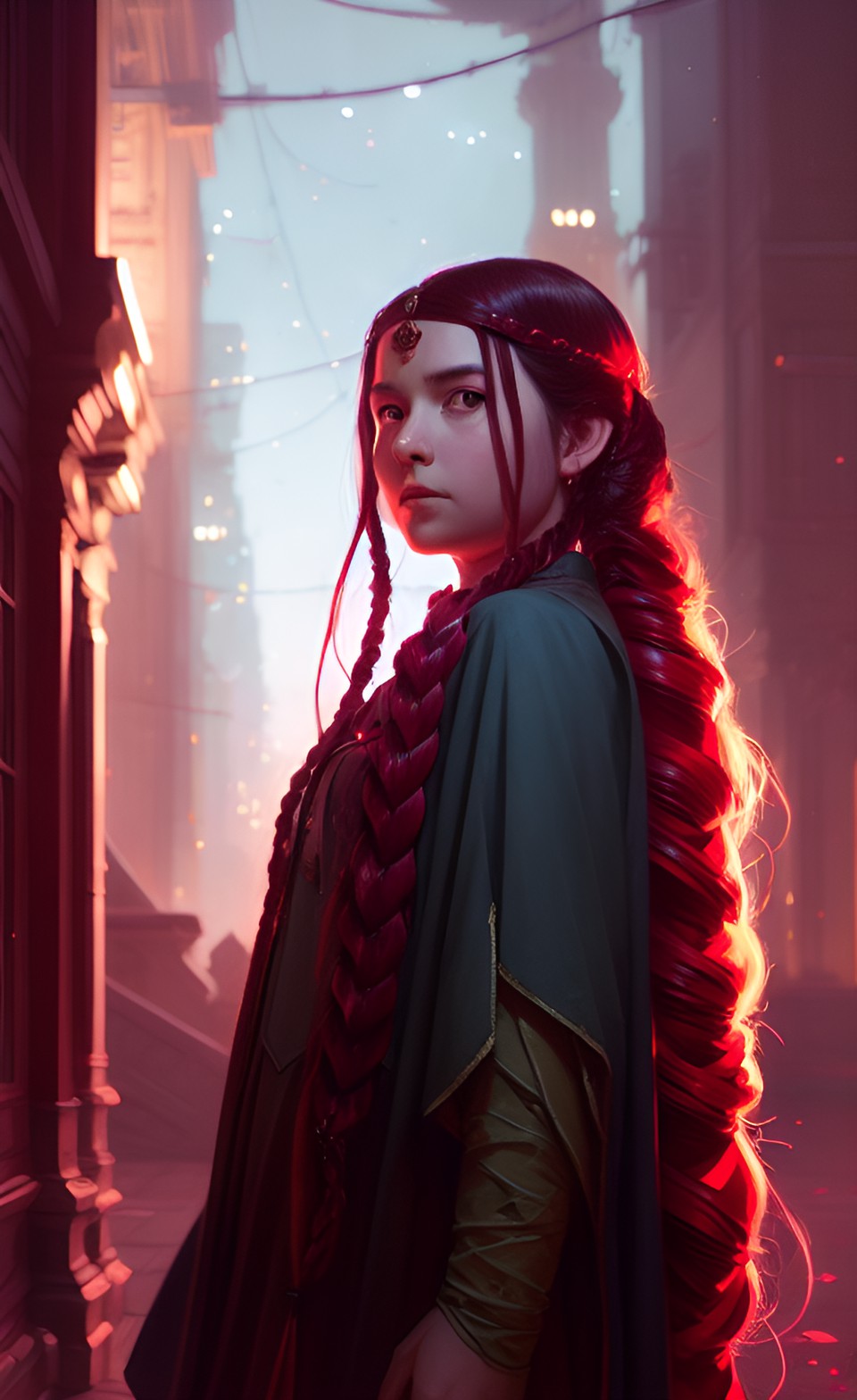 cleric with long red plaits portrait at night preview