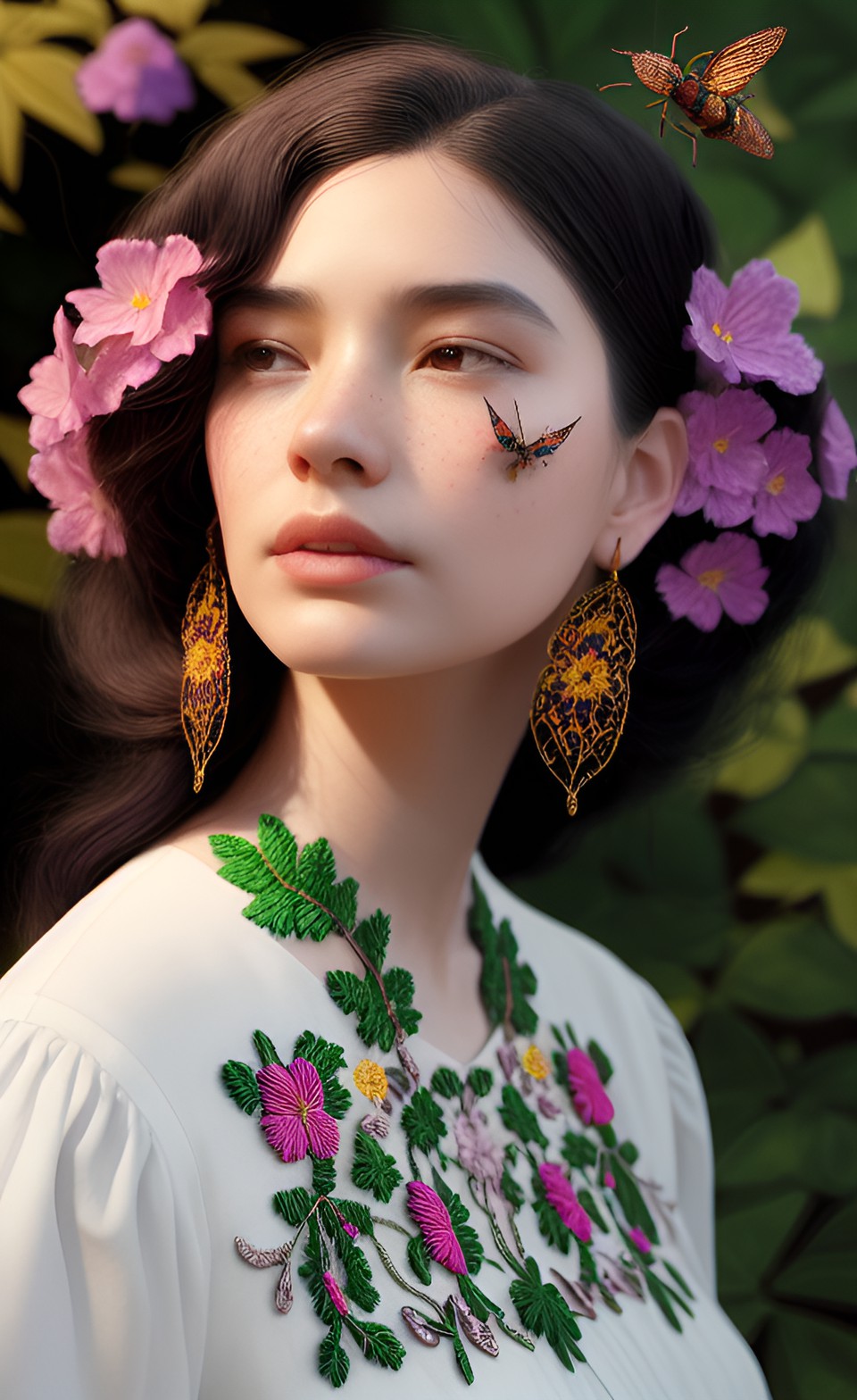 embroidered flowers and foliage, , woman embroidering into her own skin, earrings, embroidery, embroidered bugs preview