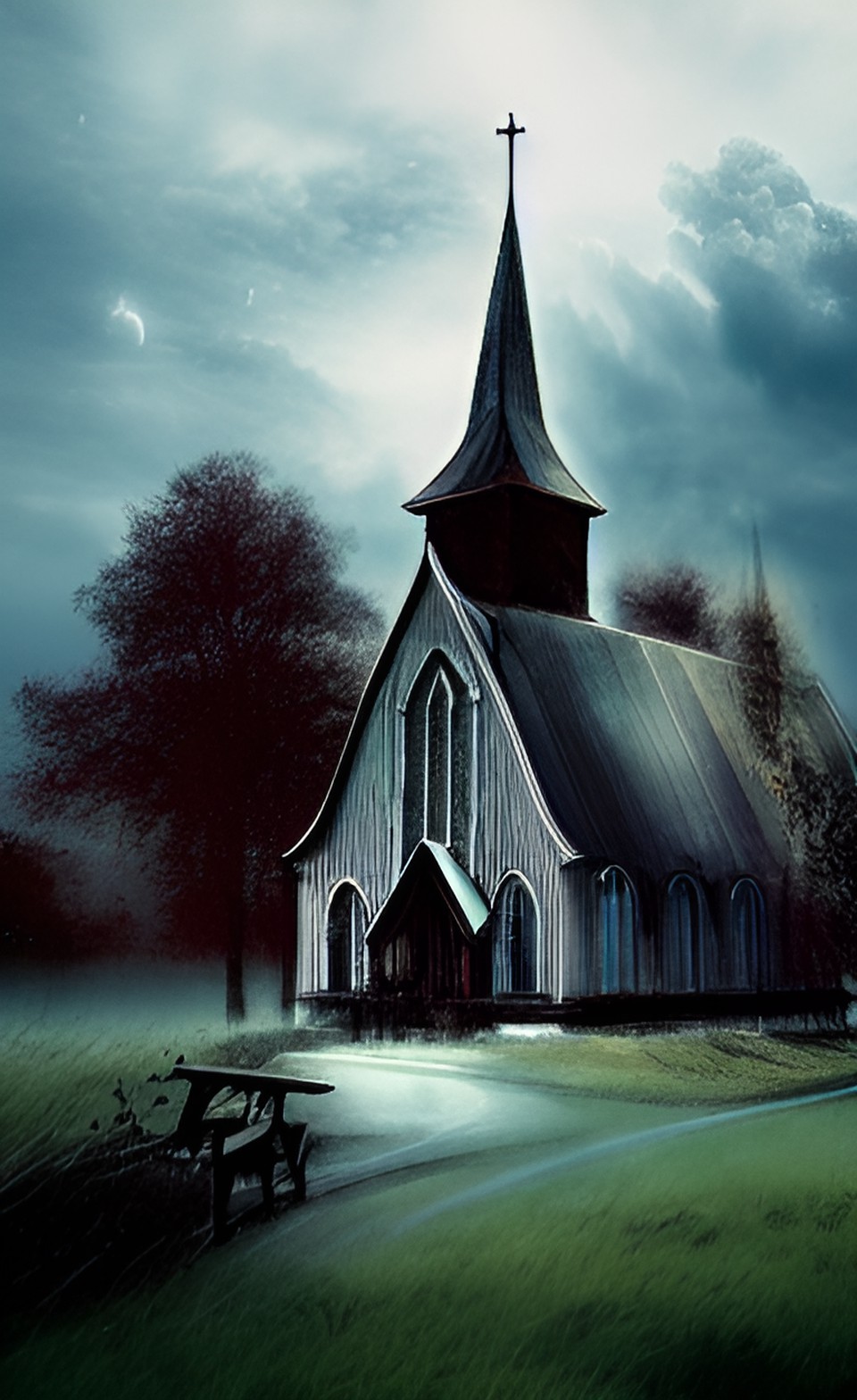 The Church - a church in the plains, dark clouds hovering above preview