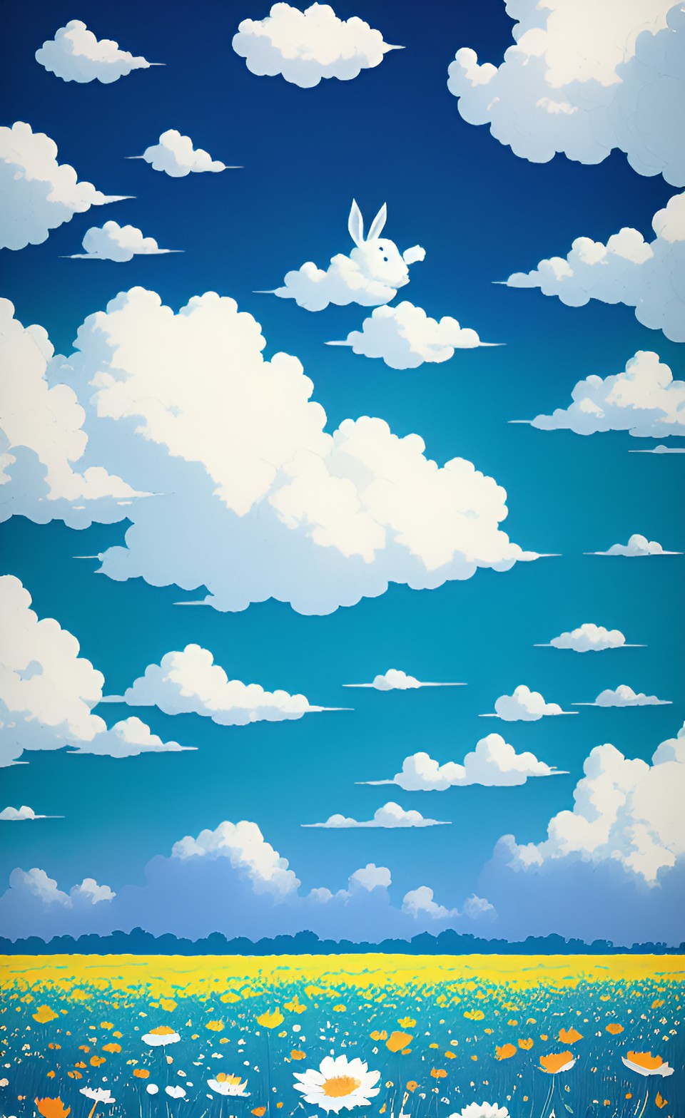 rabbit field flowers blue sky fluffy clouds preview