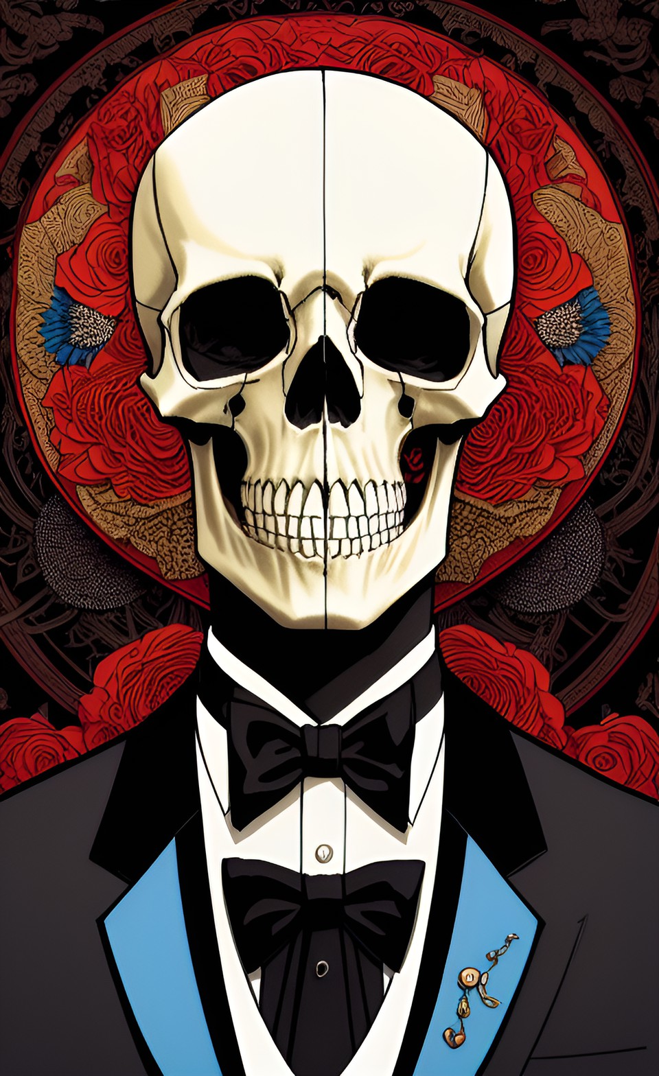 Skull05-blues - portrait of a skull wearing a tuxedo, head-on, centered, highly detailed, elegant, majestic, aligned, symmetrical preview