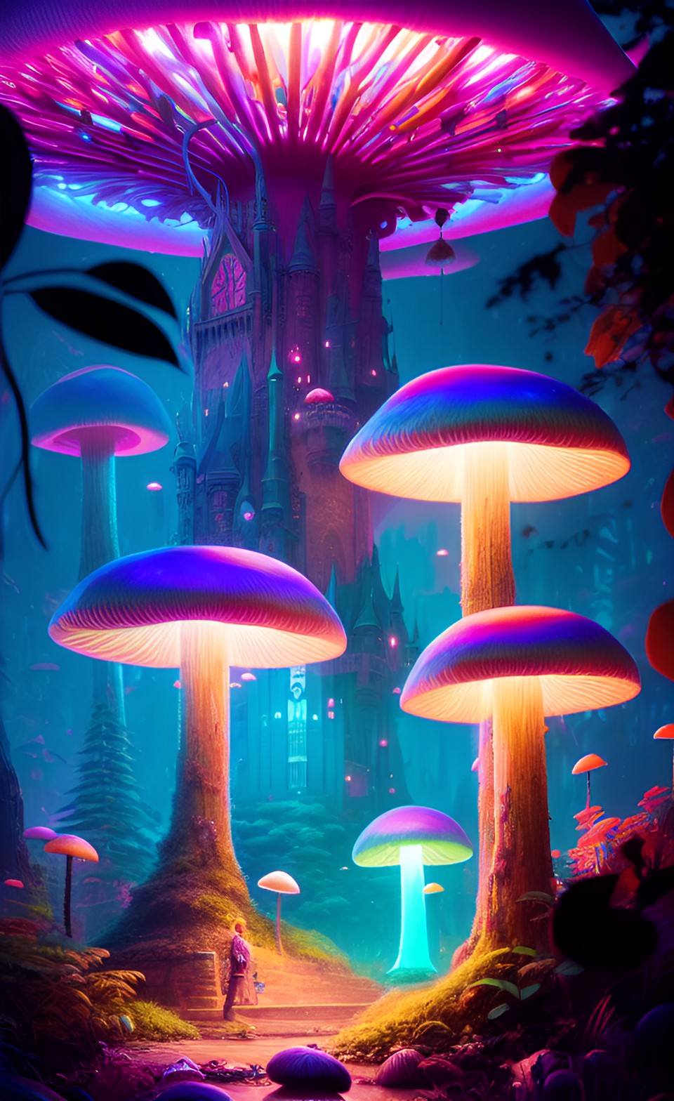 neon rainbow mushroom castle forest preview