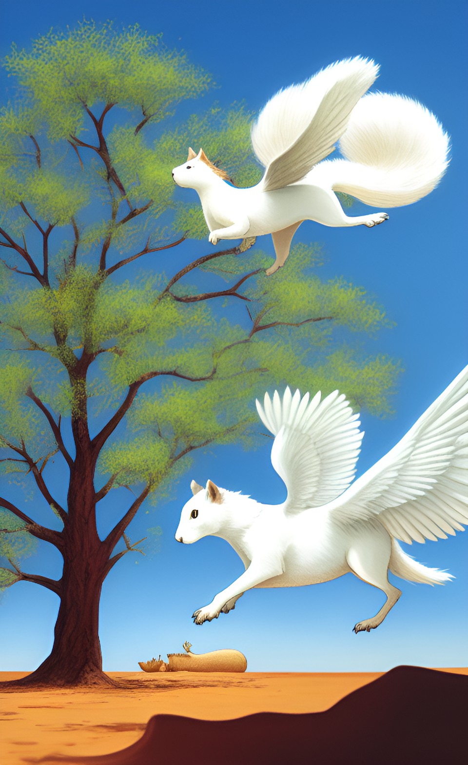 Flying in the desert - a flying white dog in the desert and a hickory tree with a giant squirrel preview