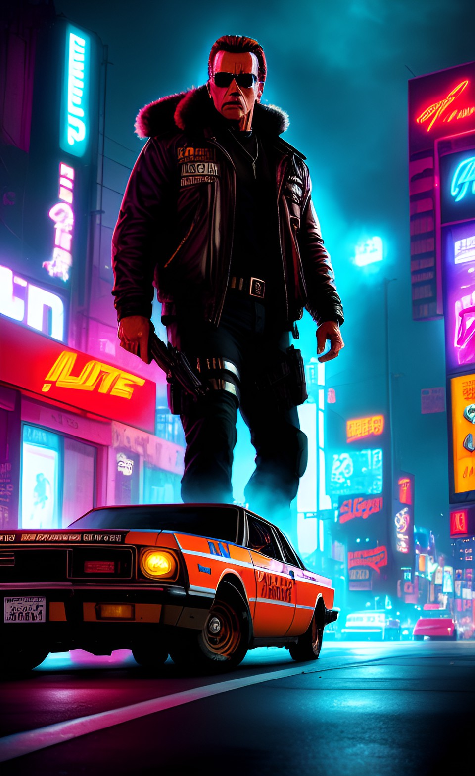 gritty cyberpunk setting with arnold schwarzenegger as a police detective driving his beat up brown car through the neon lit streets preview