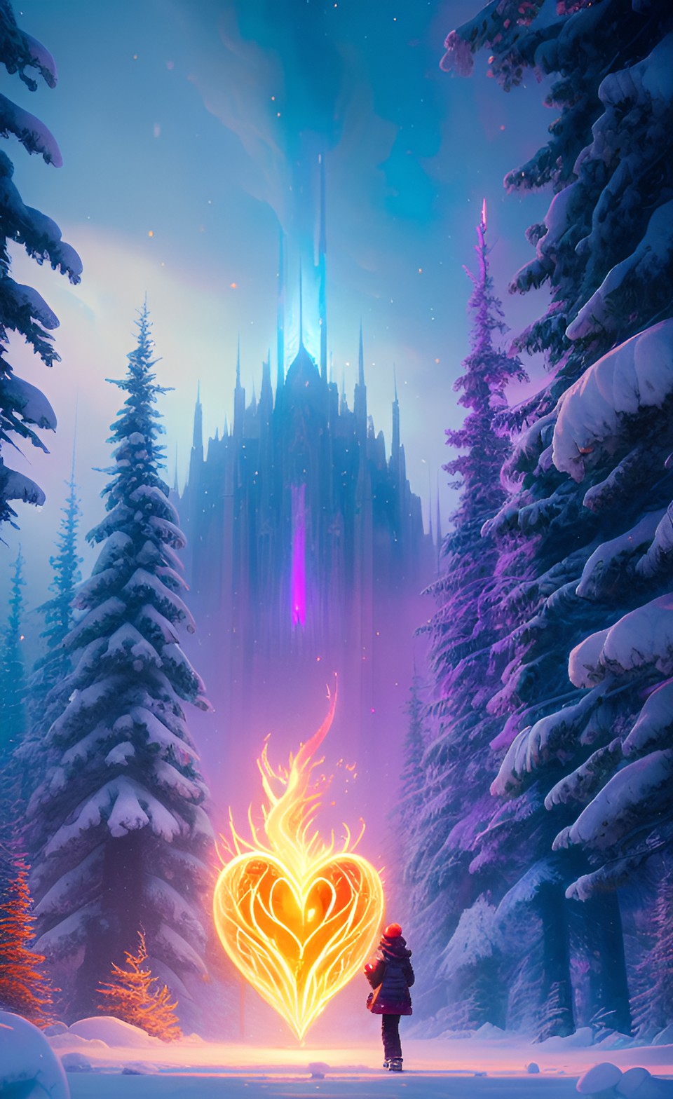 an realistic rainbow fire heart in a winter world preview