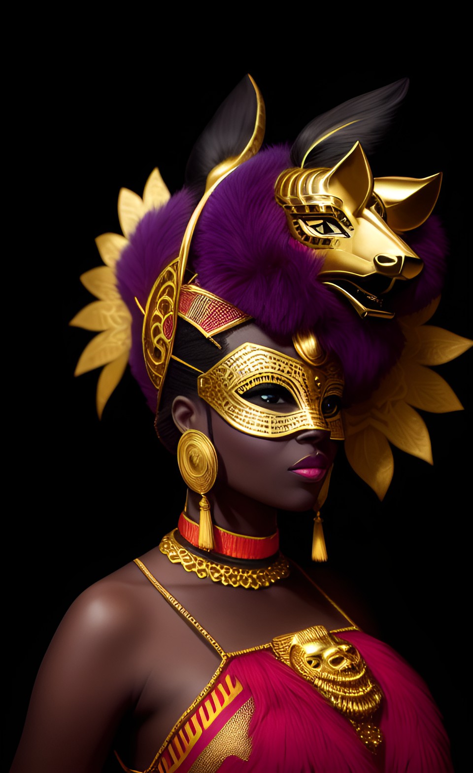 african queen wearing gold animal mask preview