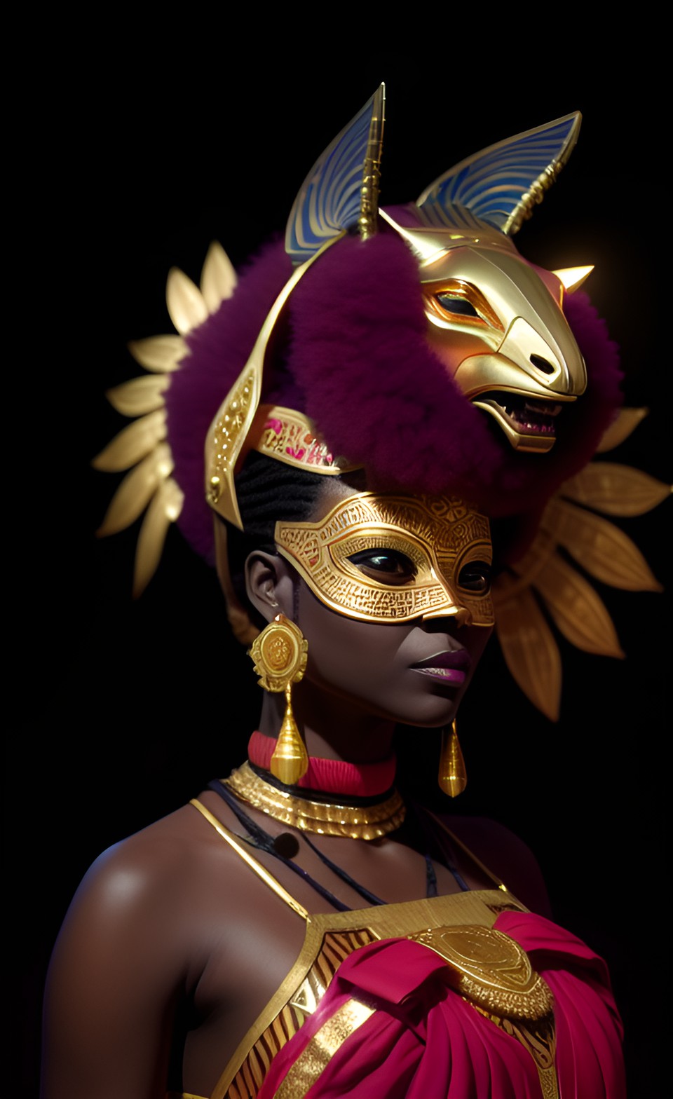 african queen wearing gold animal mask preview