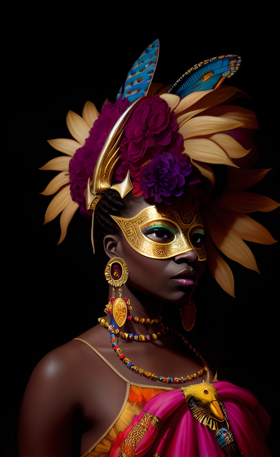 african queen wearing gold animal mask preview