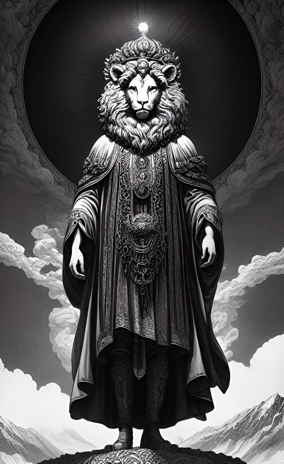 Demiurgos - lion headed demiurge standing above the world, in the style of gustave dore preview