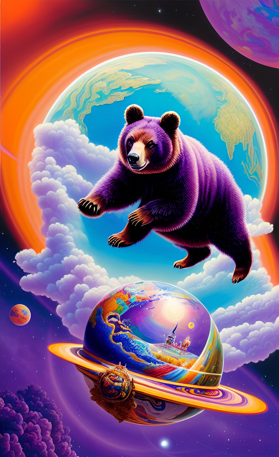 cartoon illustration of a bear mascot being launched from a futuristic marble planet, purple and orange cloudland preview