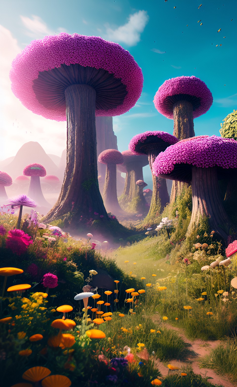 the wasteland filled with giant flowers and mushrooms, au naturel, hyper detailed, digital art, trending in artstation, cinematic lighting, studio quality, smooth render, unreal engine 5 rendered preview