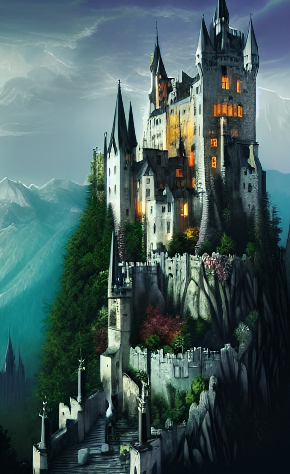 a city and castle that sprawls in a valley, filling the valley from bottom to top preview