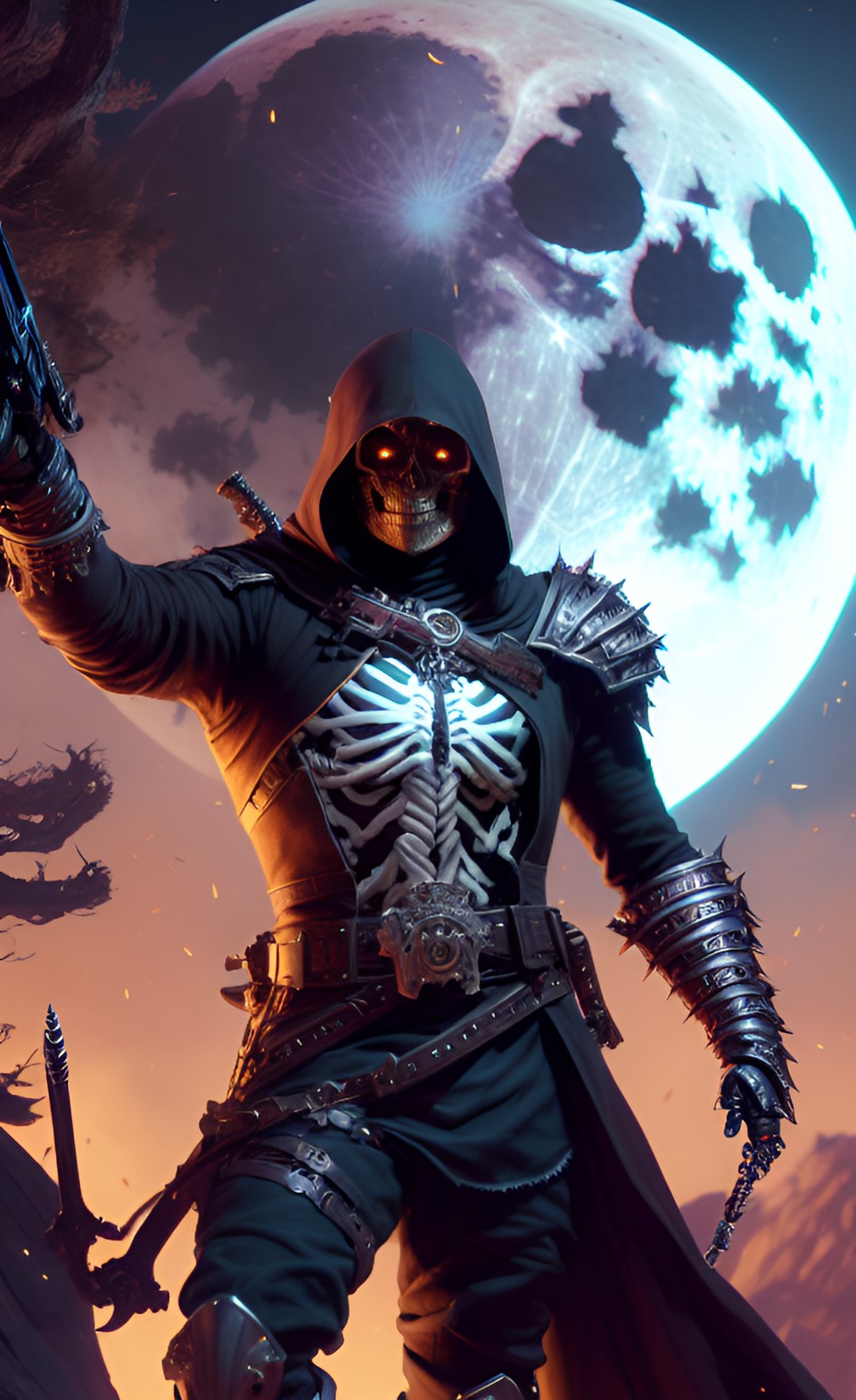 male skeleton warrior, gun on each hand, black cloak, full moon preview